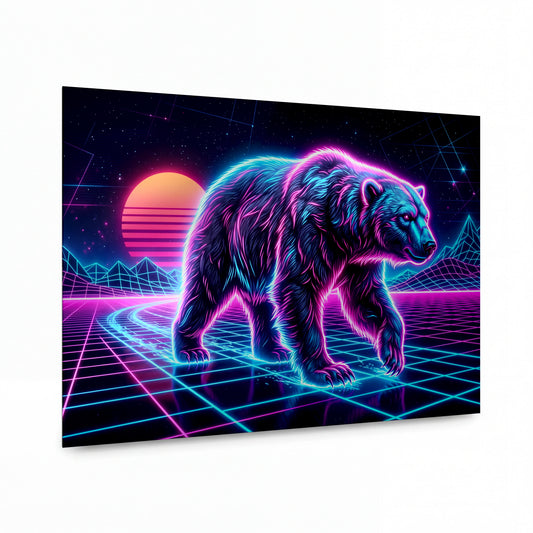 Obraz Neonový medvěd v retrowave krajině — lesklý hliníkový obraz