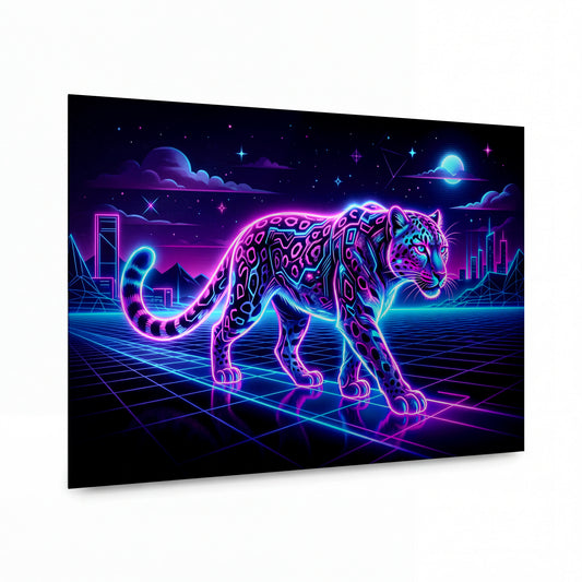 Obraz Neonový leopard v kybernetické krajině — lesklý kovový obraz