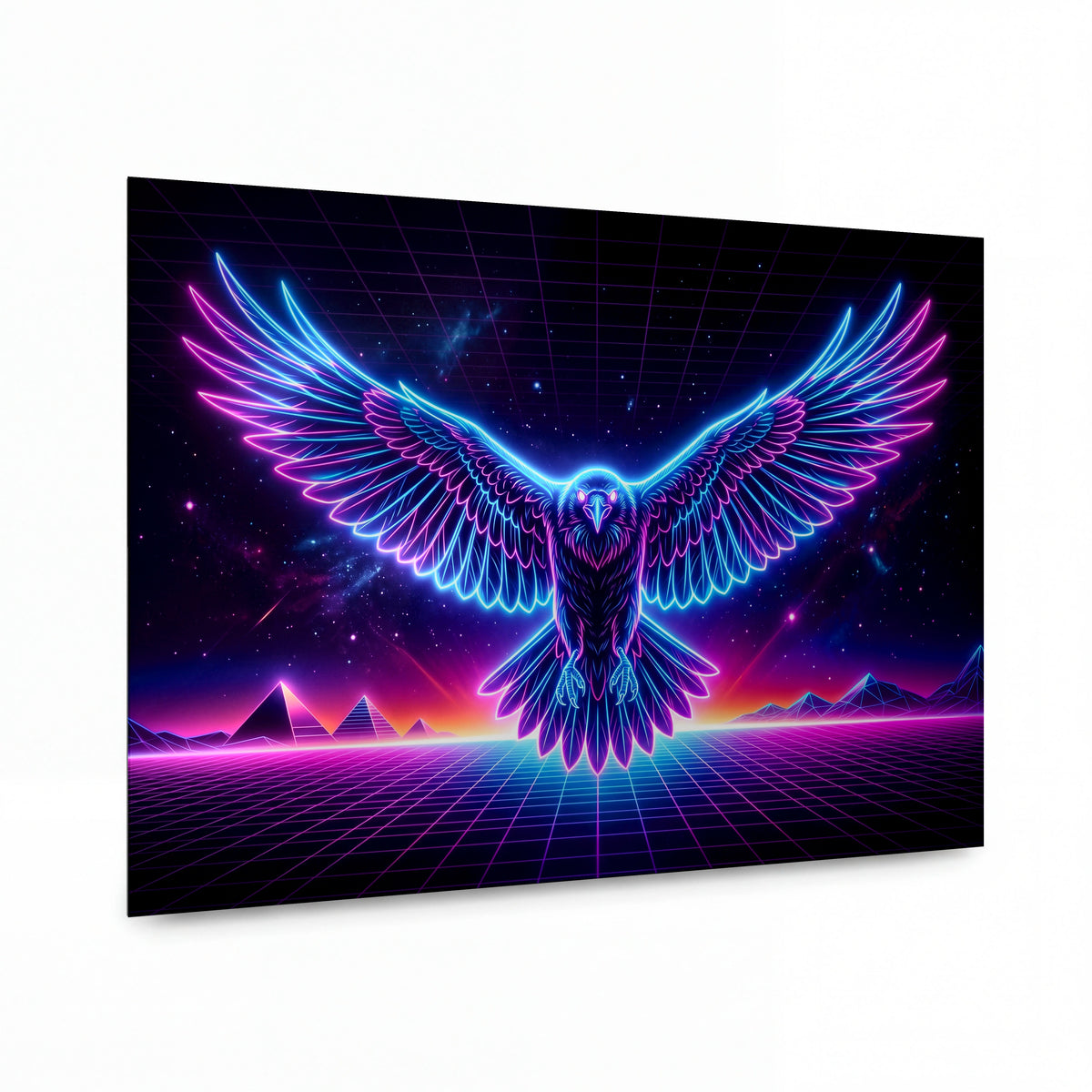 Obraz Neonový orel v retrowave horizontu — lesklý hliníkový obraz