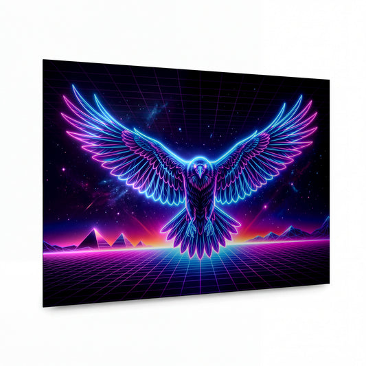 Obraz Neonový orel v retrowave horizontu — lesklý hliníkový obraz