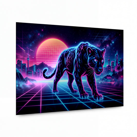 Obraz Neonový panter v retroměstě — zrcadlově lesklý kovový obraz