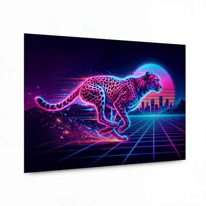 Obraz Neonový gepard v digitálním běhu — hliníkový panel s vysokým leskem