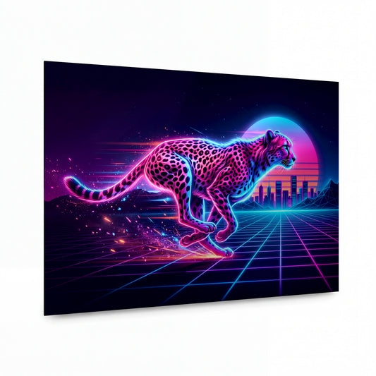 Obraz Neonový gepard v digitálním běhu — hliníkový panel s vysokým leskem