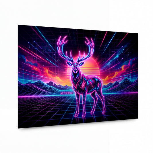 Obraz Neonový jelen v retrowave světě — hliníkový panel s vysokým leskem