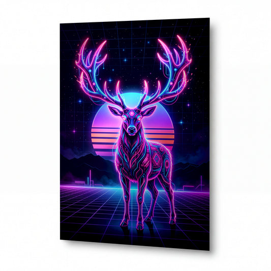 Obraz Neonový jelen v retro synthwave krajině — lesklý panel z hliníku
