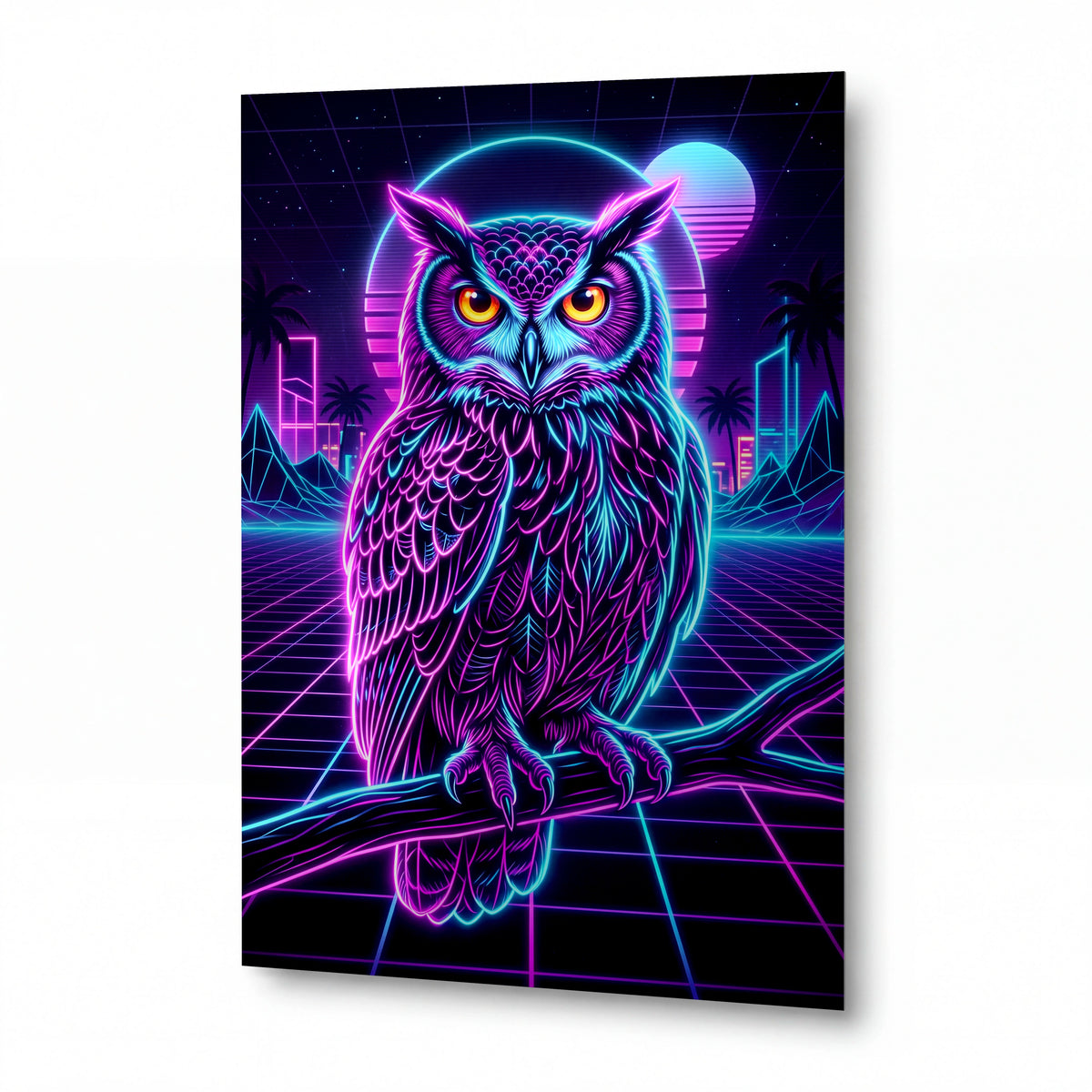 Obraz Obraz Neonová sova v retrowave světě — zrcadlově lesklý kovový obraz