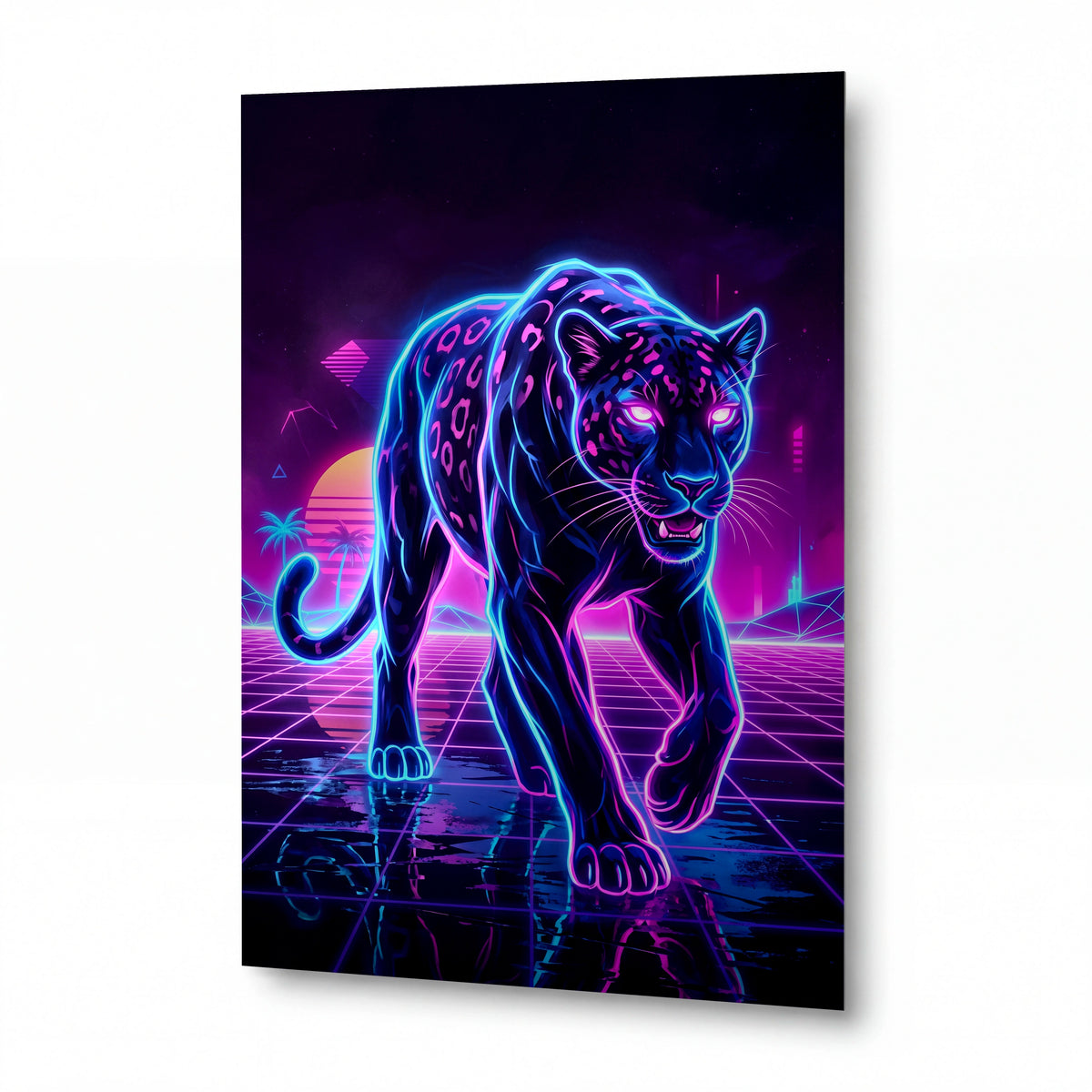 Obraz Neonový jaguar v retrowave úsvitu — prémiový lesklý obraz na hliníku