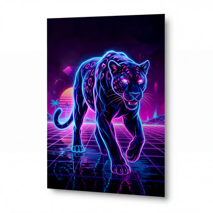 Obraz Neonový jaguar v retrowave úsvitu — prémiový lesklý obraz na hliníku