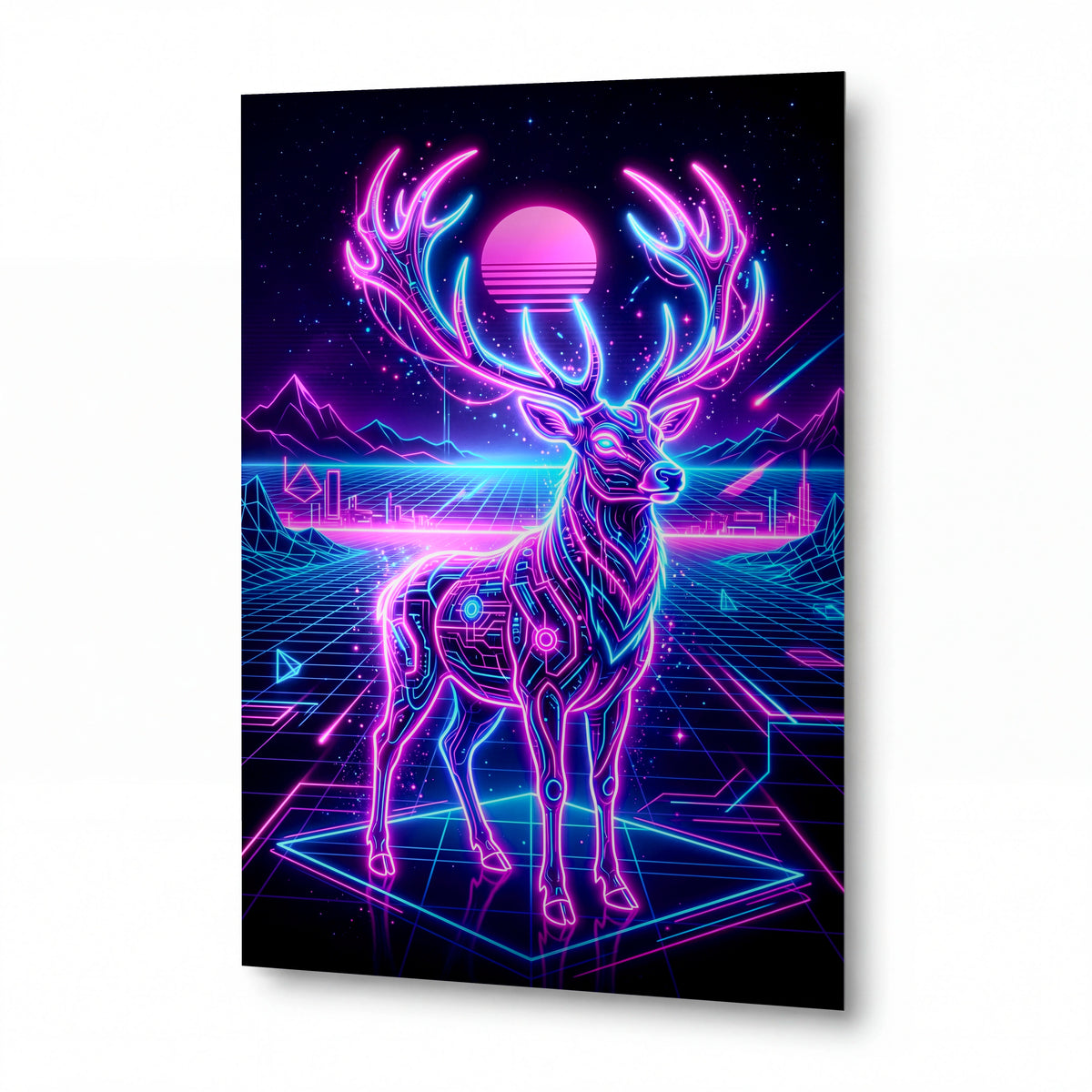 Obraz Neonový jelen v retrowave krajině — lesklý hliníkový obraz