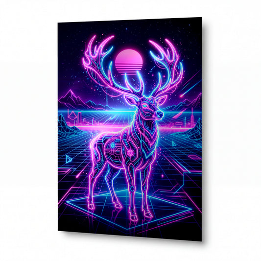 Obraz Neonový jelen v retrowave krajině — lesklý hliníkový obraz