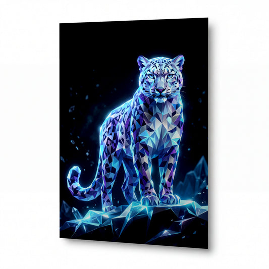 Obraz Křišťálový sněžný leopard v polygonálním světle — luxusní kovový obraz s vysokým leskem