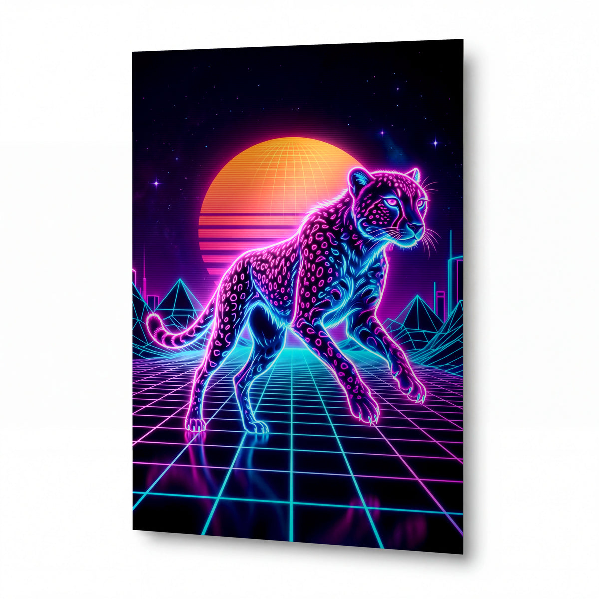 Obraz Neonový gepard v retrowave galaxii — kovový obraz s vysokým leskem