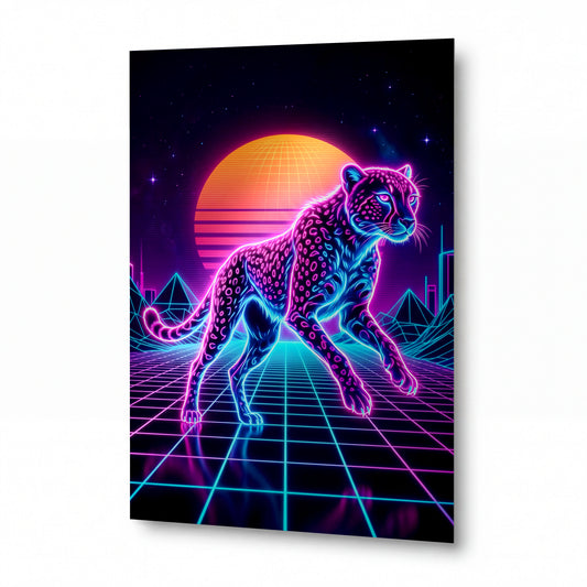 Obraz Neonový gepard v retrowave galaxii — kovový obraz s vysokým leskem