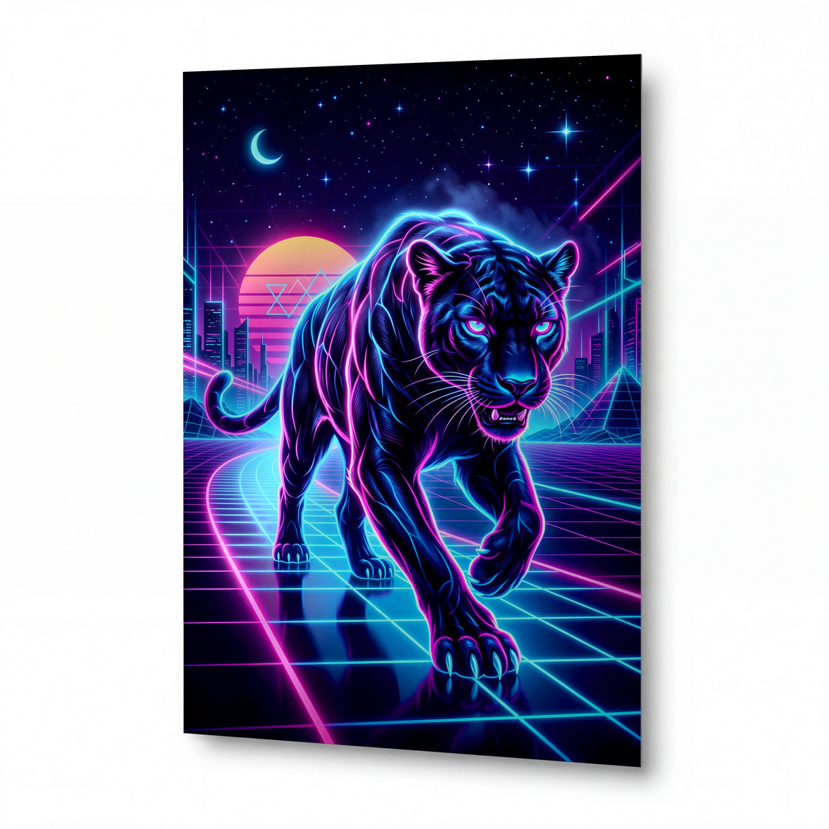 Obraz Neonový tygr v retrowave gridě — kovový obraz s vysokým leskem