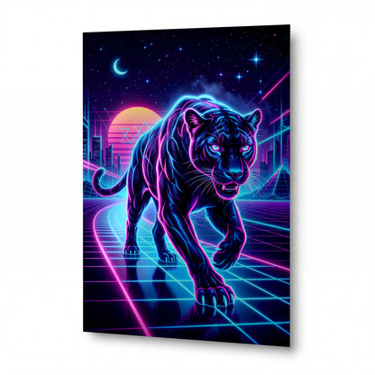 Obraz Neonový tygr v retrowave gridě — kovový obraz s vysokým leskem