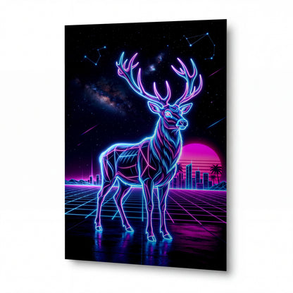 Obraz Neonový jelen v retrowave galaxii — lesklý panel z hliníku