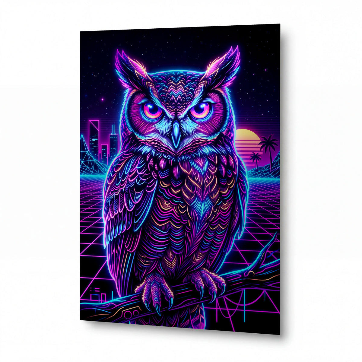 Obraz Neonová sova v retro synthwave estetice — prémiový kovový obraz