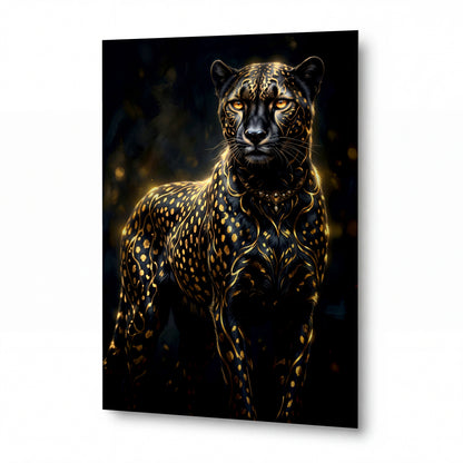 Obraz Leopard ve zlatém ornamentu — kovový obraz, vysoký lesk