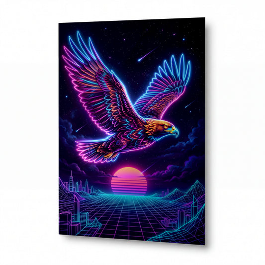 Obraz Neonový orel v retrowave obloze — hliníkový obraz s vysokým leskem