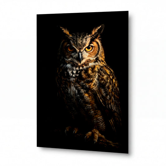 Obraz Výr s jantarovým pohledem v temnotě — lesklý obraz na hliníku