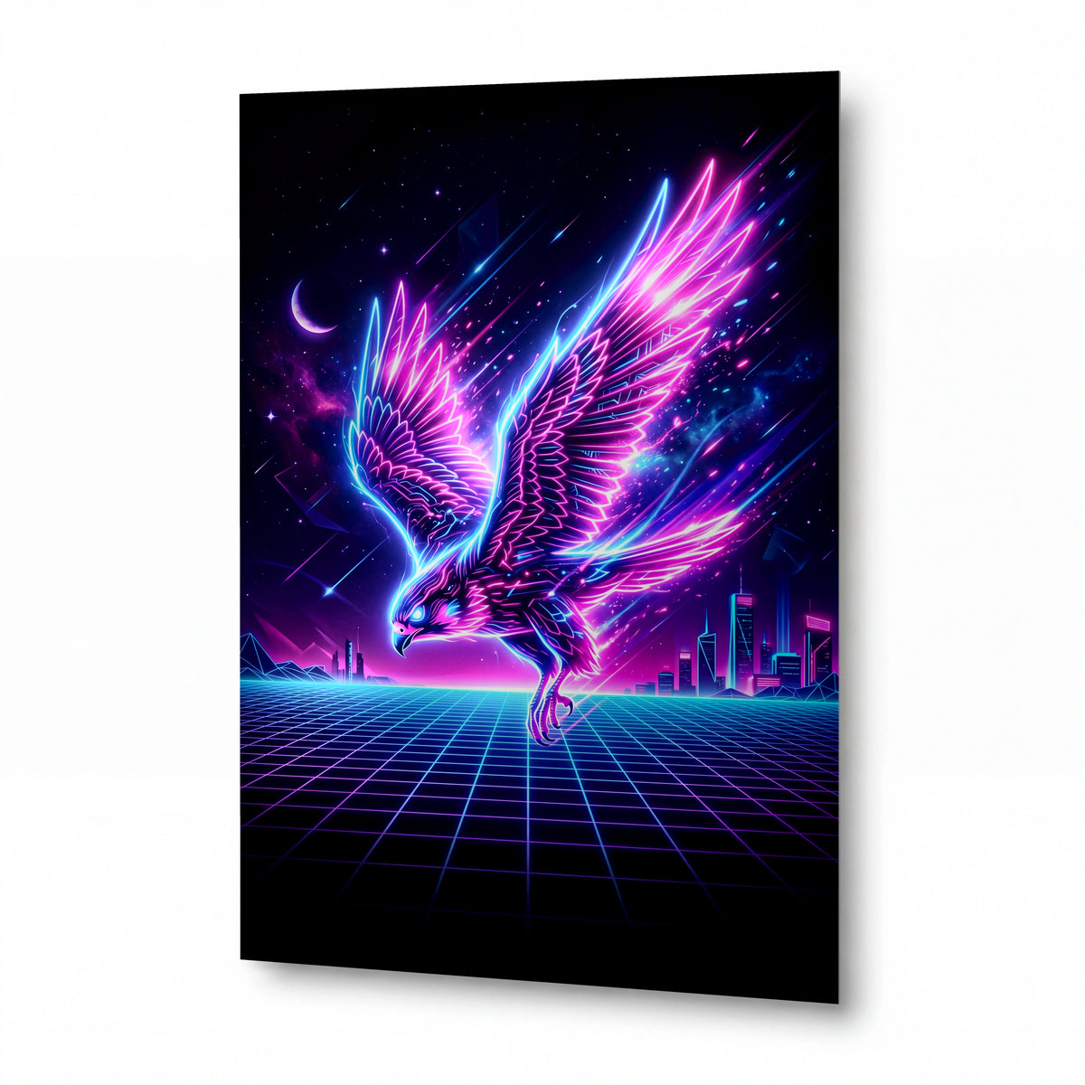 Obraz Neonový orel v synthwave vesmíru — zrcadlově lesklý kovový obraz
