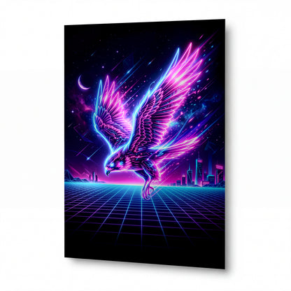 Obraz Neonový orel v synthwave vesmíru — zrcadlově lesklý kovový obraz