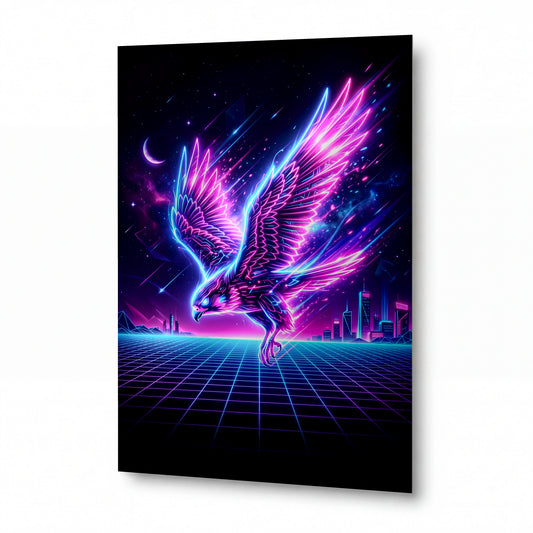Obraz Neonový orel v synthwave vesmíru — zrcadlově lesklý kovový obraz