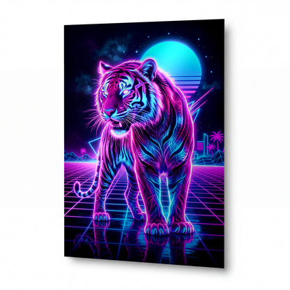 Obraz Neonový tygr v synthwave krajině — luxusní kovový obraz s vysokým leskem