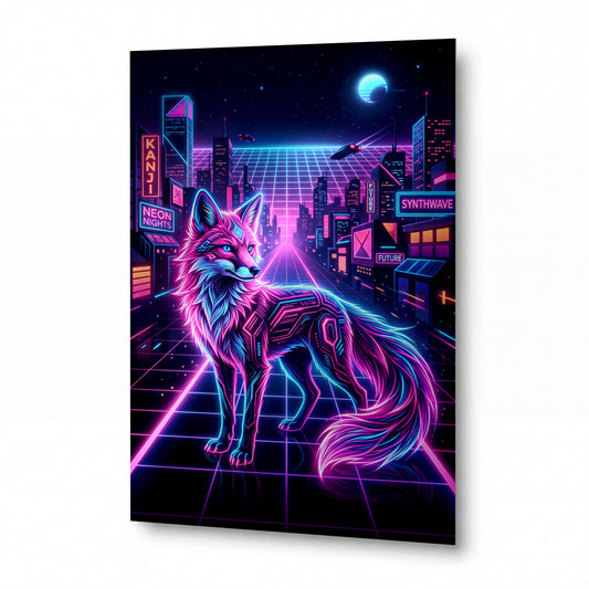 Obraz Kybernetická liška v neonové synthwave metropoli — luxusní hliníkový panel s vysokým leskem