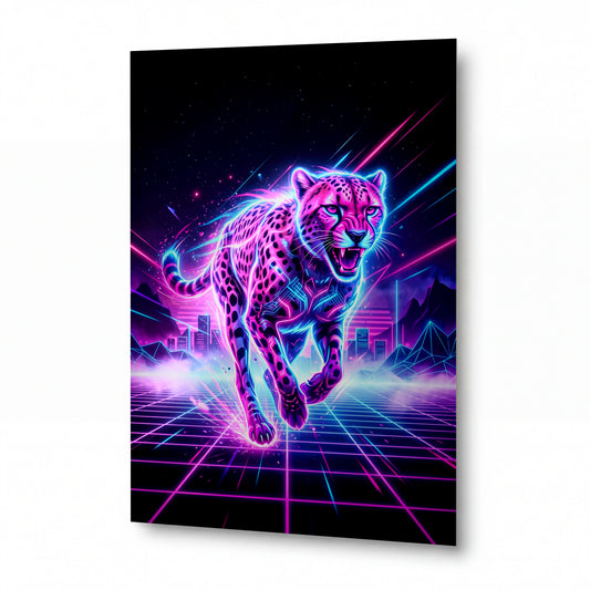 Obraz Neonový gepard v retrowave vesmíru — hliníkový obraz s vysokým leskem