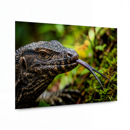 Obraz Varanid s rozvětveným jazykem v pralese — kovový obraz na hliníkovém panelu s vysokým leskem