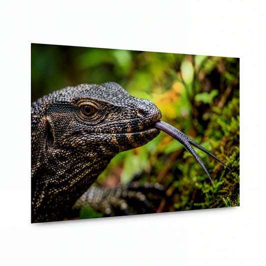 Obraz Varanid s rozvětveným jazykem v pralese — kovový obraz na hliníkovém panelu s vysokým leskem