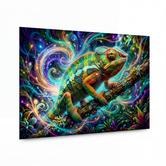 Obraz Chameleon v zářivém víru světelných spirál — kovový obraz na hliníkovém panelu s vysokým leskem
