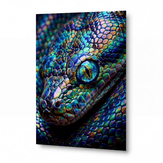 Obraz Duhový chameleon s hypnotickým okem — kovový obraz na hliníkovém panelu s vysokým leskem