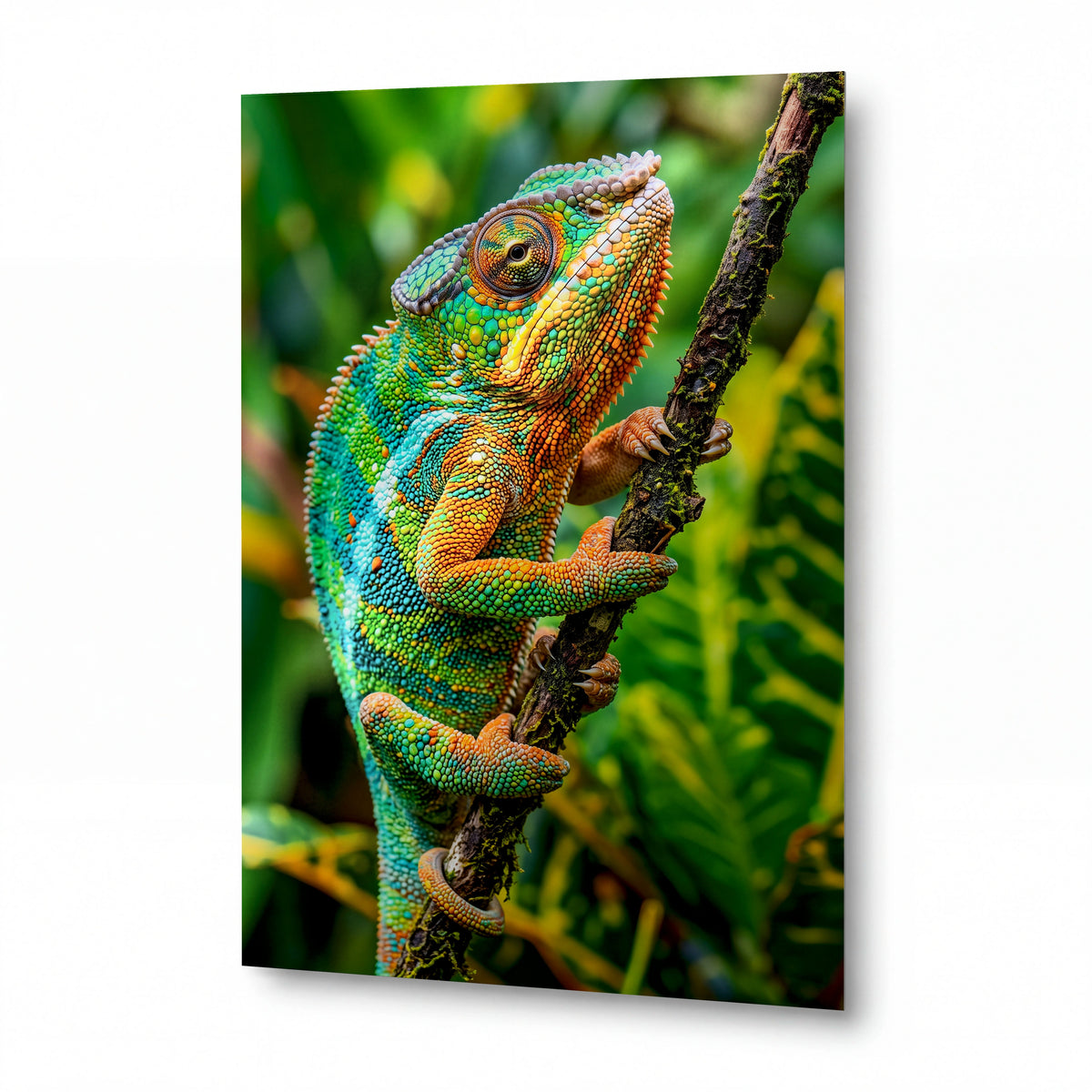 Obraz Chameleon se smaragdovou šupinou — kovový obraz na hliníkovém panelu s vysokým leskem