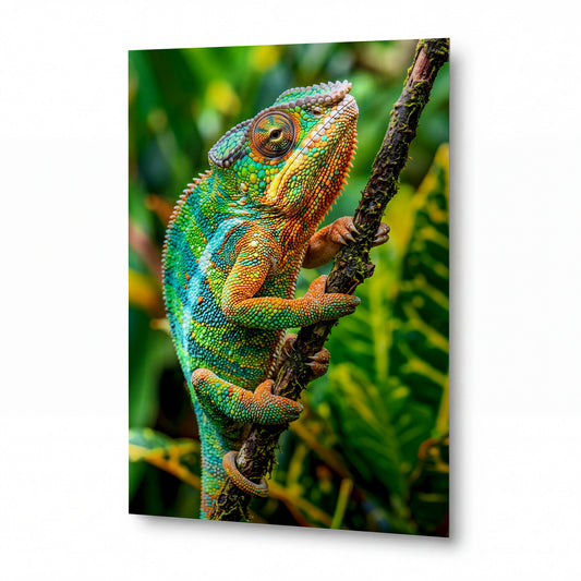 Obraz Chameleon se smaragdovou šupinou — kovový obraz na hliníkovém panelu s vysokým leskem