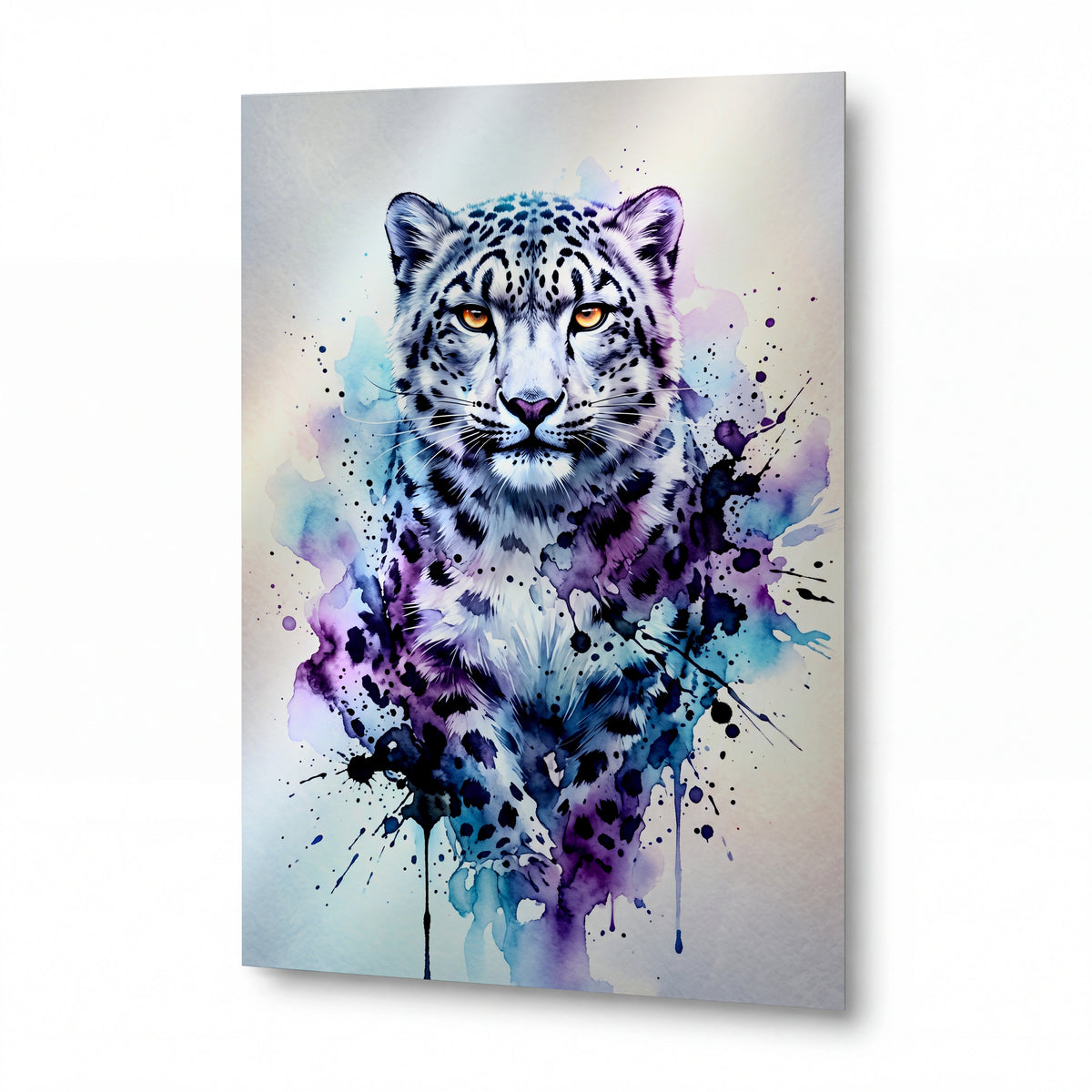 Obraz Sněžný levhart ve fialovo-tyrkysové akvarelu — kovový panel s vysokým leskem