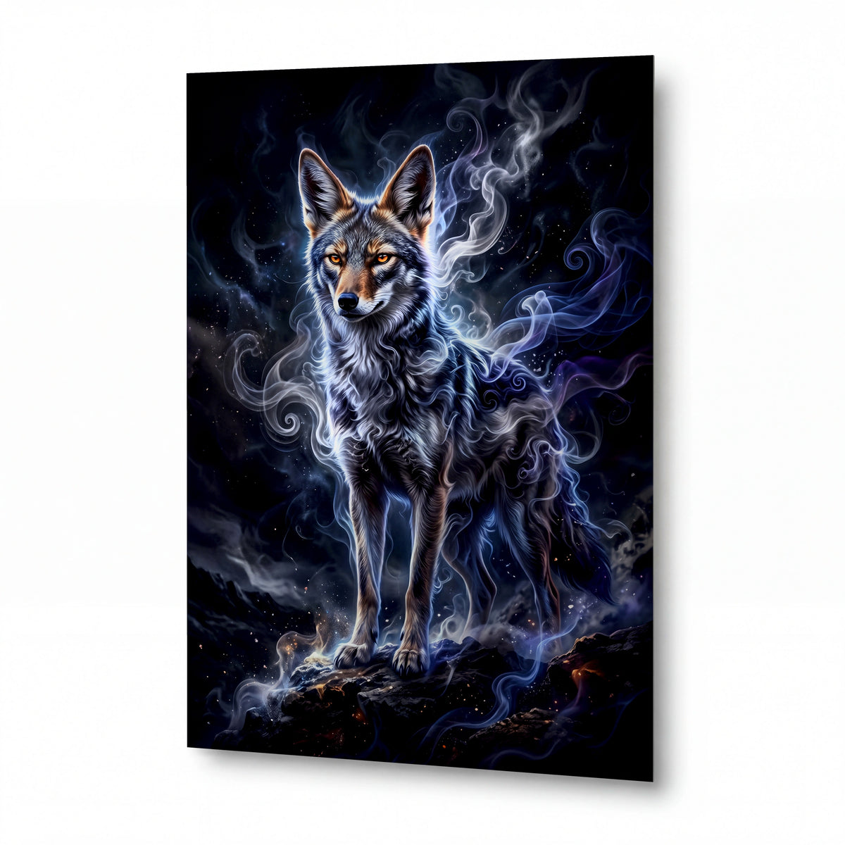 Obraz Vlk obklopený mystickými dýmovými prameny — kovový obraz, vysoký lesk