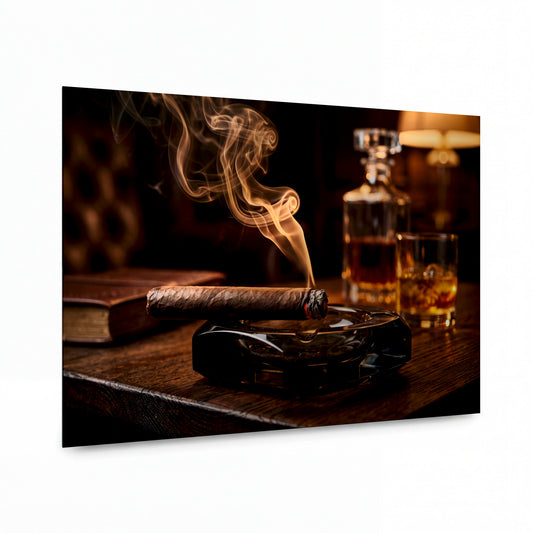 Obraz Doutník a sklenka whisky v teplém světle — kovový obraz na hliníkovém panelu s vysokým leskem