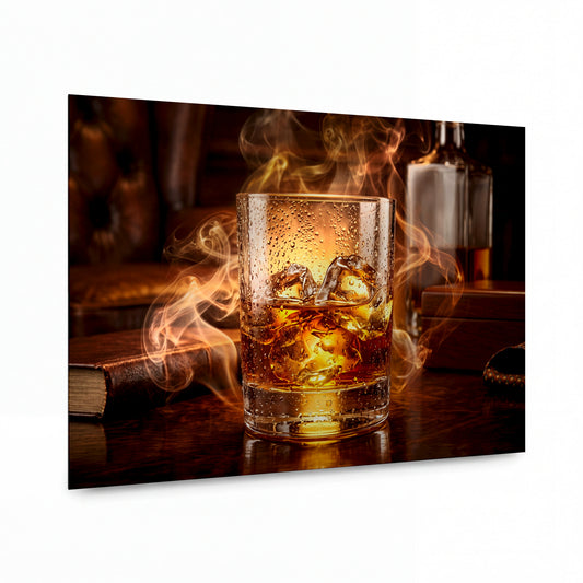 Obraz Whisky v křišťálu opředená tajemným dymem — kovový obraz na hliníkovém panelu s vysokým leskem