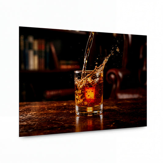 Obraz Jantarový příboj whisky v křišťálu — kovový obraz na hliníkovém panelu s vysokým leskem
