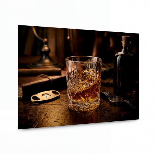 Obraz Křišťálová sklenice whisky s doutníkem — kovový obraz na hliníkovém panelu s vysokým leskem