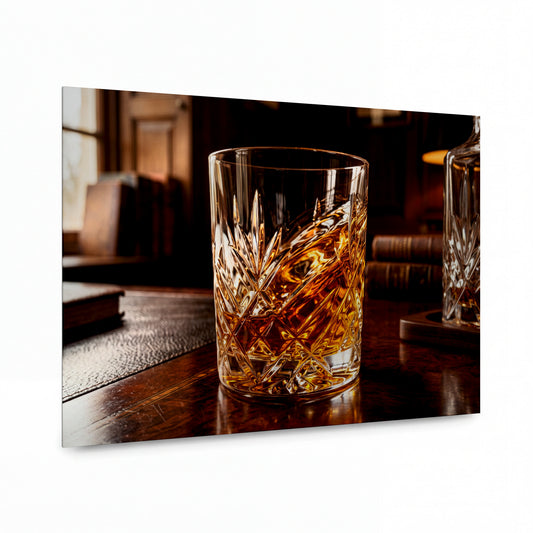 Obraz Křišťálový whisky v geometrickém skle — kovový obraz na hliníkovém panelu s vysokým leskem