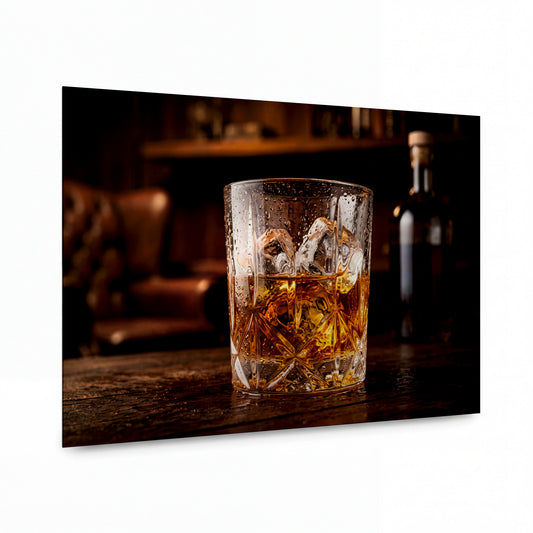 Obraz Křišťálový whisky s ledem — kovový obraz na hliníkovém panelu s vysokým leskem