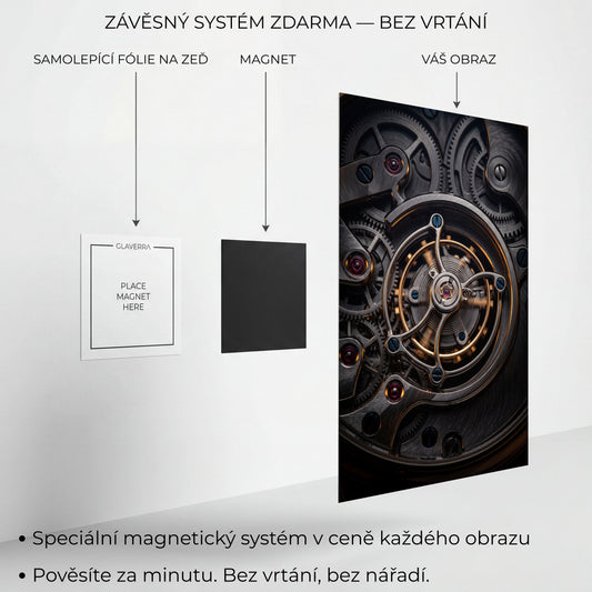 Magnetický systém uchycení kovového obrazu bez vrtání