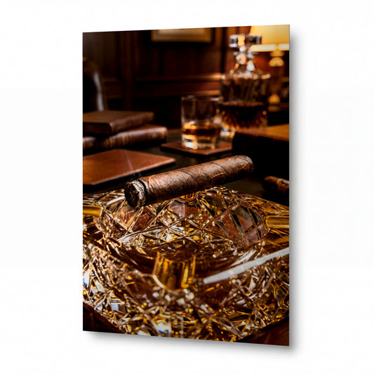 Obraz Doutník na křišťálovém popelníku se sklenkou whisky — kovový obraz na hliníkovém panelu s vysokým leskem