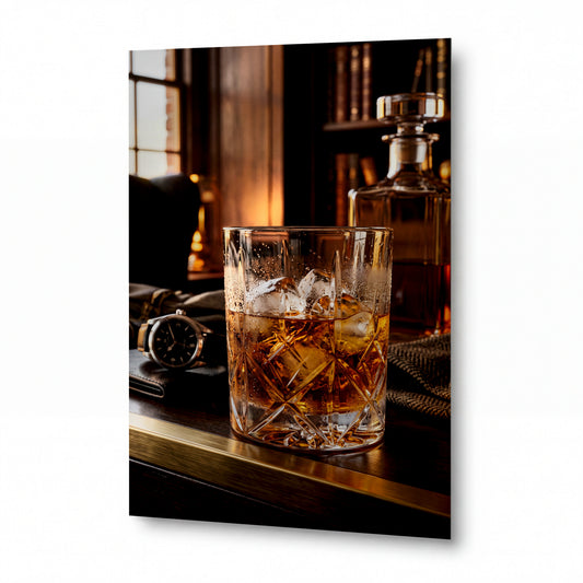 Obraz Křišťálová sklenice whisky se zlatými odlesky — kovový obraz na hliníkovém panelu s vysokým leskem