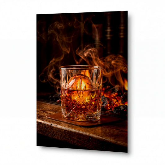 Obraz Křišťálová sklenice whisky nad žhavými uhlíky — kovový obraz na hliníkovém panelu s vysokým leskem