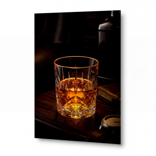Obraz Brusná sklenice se zlatým whisky v teplém světle — kovový obraz na hliníkovém panelu s vysokým leskem