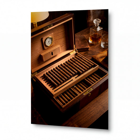 Obraz Humidor s doutníky a dekantér whisky — kovový obraz na hliníkovém panelu s vysokým leskem